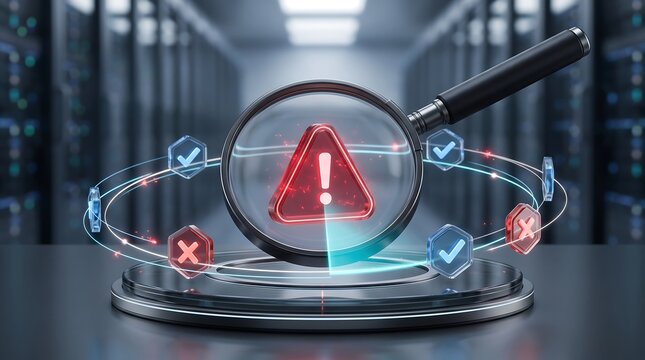 Security magnifying glass hovering over a red warning triangle with digital check and cross icons in a server room for cyber threat analysis and IT infrastructure monitoring