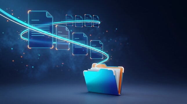 Digital file conversion and document transfer process with glowing data streams flowing into a secure folder icon representing efficient information handling and cloud storage solutions