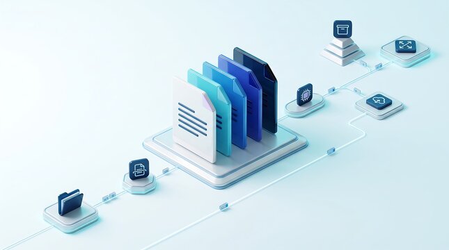 System architecture diagram showing interconnected digital files and cloud nodes in a professional 3D isometric layout representing data connectivity and workflow automation solutions