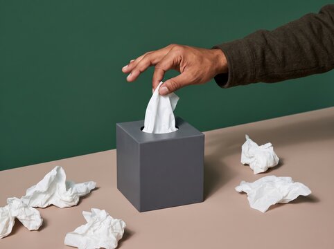 A hand pulling a tissue from a box, representing hygiene, illness prevention and everyday healthcare.
