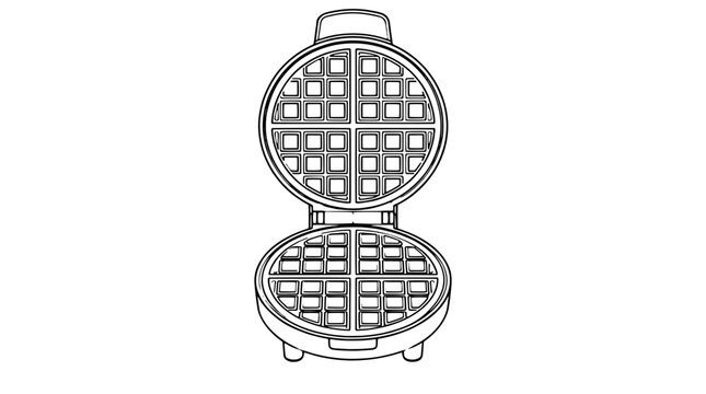 Black outline vector icon of an open round waffle maker showing hinged lid with grid patterned plates divided into quarters and base feet rendered in thin lines in upright angled pose