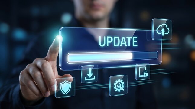 Businessman interacting with holographic glass screen displaying software update progress bar with download and security shield icons in dark high tech office environment