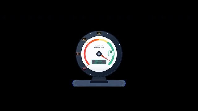 Circular shipping cost speedometer gauge with needle resting stably in green zero dollar free zone in seamless 4k loop on alpha channel.