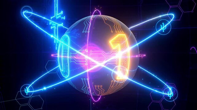 Qubit Superposition 0 and 1 concept, glowing quantum computing sphere with neon light rings on dark background.