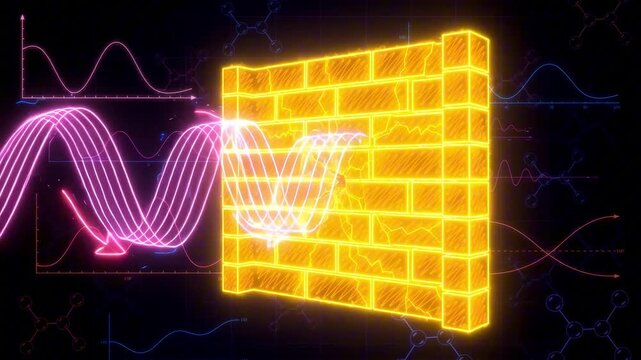 Quantum tunneling concept, glowing neon pink arrow and blue energy breaking through a yellow brick wall barrier against a dark background with physics graphs.