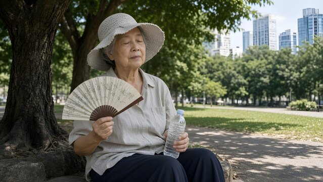 Elderly Asian Woman Resting in the Shade with a Fan and Water Bottle on a Hot Summer Day