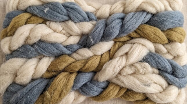 Chunky yarn braids, soft wool roving texture in blue, white, and mustard yellow. Cozy textile background for craft and design projects