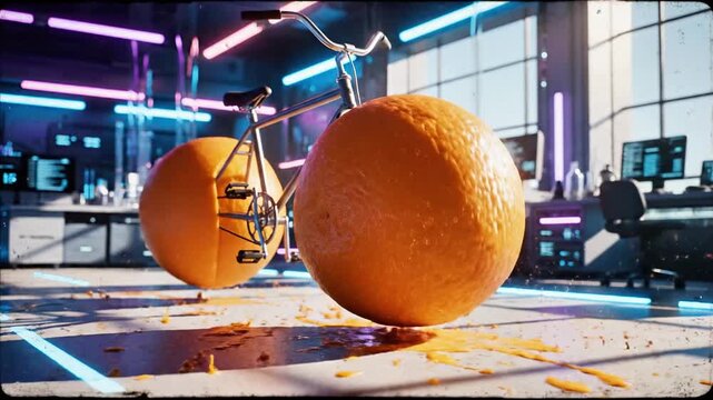 Bicycle with orange fruit wheels in futuristic laboratory.