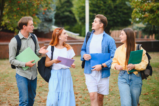 Students walking and discussing on university campus