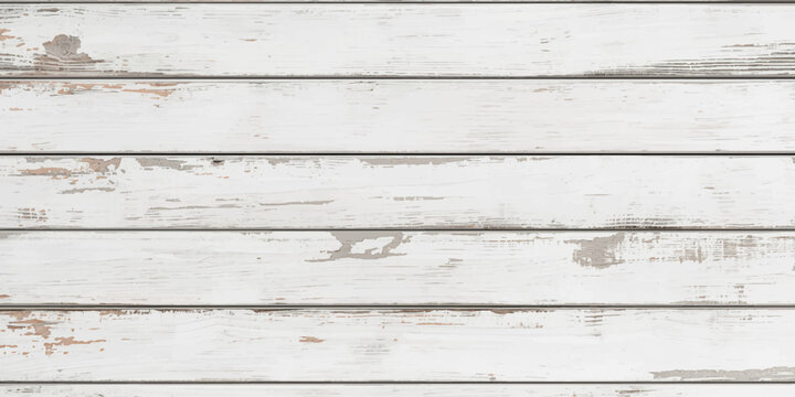 Weathered white painted wood planks background with distressed texture and peeling paint finish for rustic farmhouse interior style wall decor creative design.