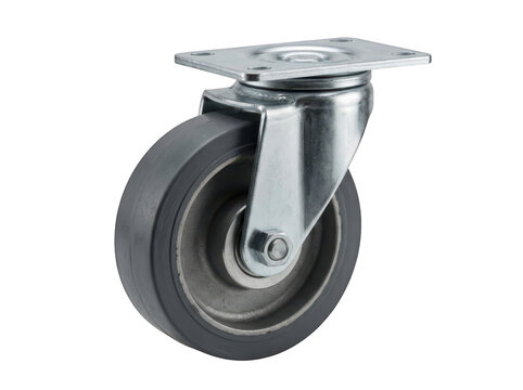 Industrial swivel caster wheel with rubber tire and metal mounting plate, isolated on transparent background