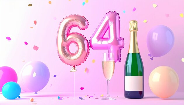 Birthday and Anniversary Celebration with Champagne and Number 64 Balloon