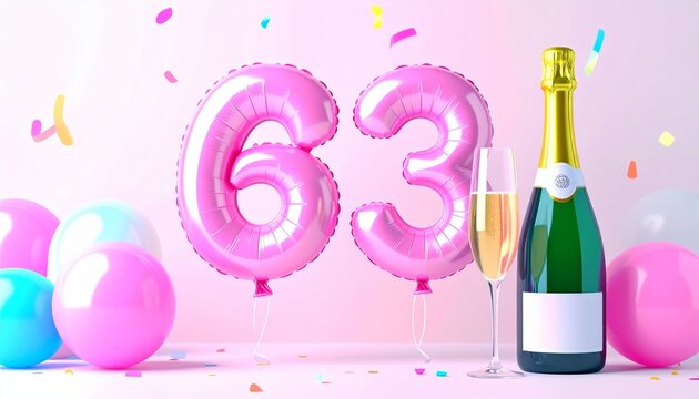 Birthday and Anniversary Celebration with Champagne and Number 63 Balloon