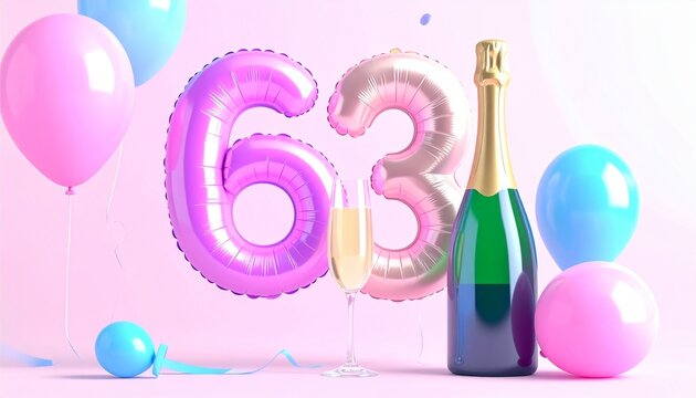 Birthday and Anniversary Celebration with Champagne and Number 63 Balloon
