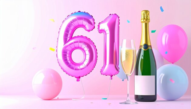 Birthday and Anniversary Celebration with Champagne and Number 61 Balloon