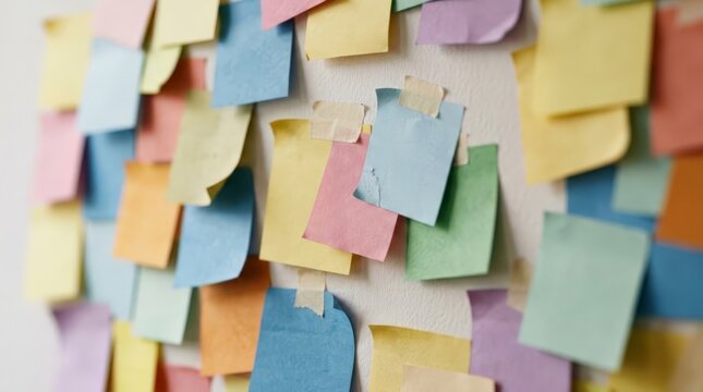 A close up view of a white wall covered with colorful sticky notes, reminding of burnt matches row burnout when facing overwhelming tasks and stress at work, underscoring the note pads