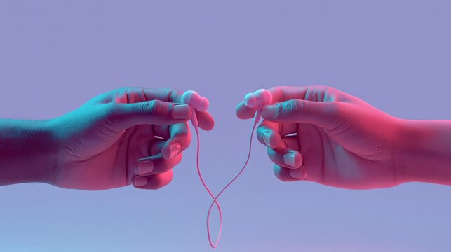 Two hands holding separate ends of a thin pink cord against a blue and magenta background in a close up studio composition