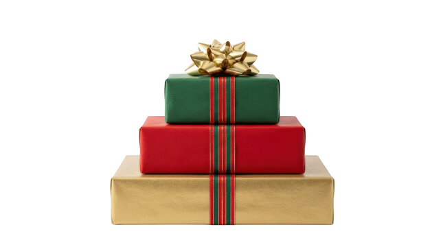 Stack of three christmas gift boxes in green red and gold with a gold bow isolated on transparent background