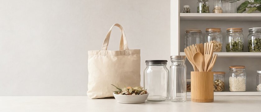 Zero Waste Kitchen Still Life With Cotton Grocery Bag Reusable Glass Jars And Sustainable Utensils