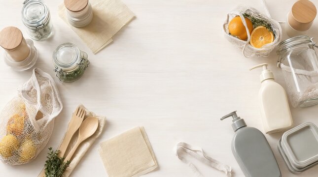 Zero waste kitchen flat lay with glass jars beeswax wraps and sustainable zero waste product range