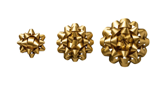 Three gold metallic gift bows of different sizes isolated on transparent background