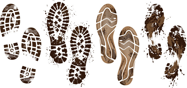 Dirty muddy boot print vector set with realistic shoe tread marks and splash texture isolated on white background