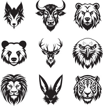 Set of Animal Head Logos, Monochrome Wild Animals Silhouette Icons, Wolf Bull Bear Panda Deer Eagle Lion Rabbit Tiger Vector Illustration