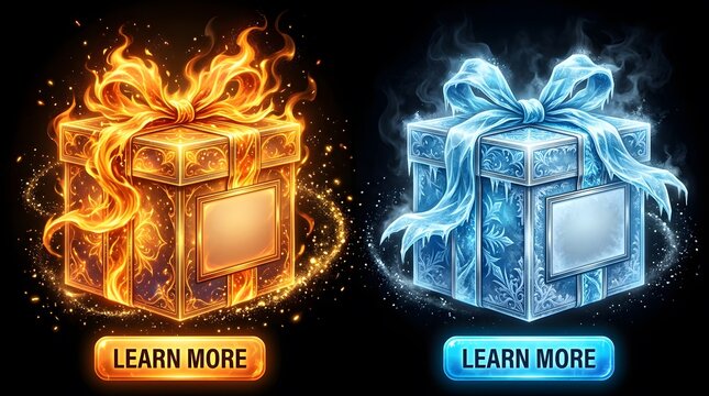 Two magical gift boxes one burning with fire and one frozen in ice with learn more buttons