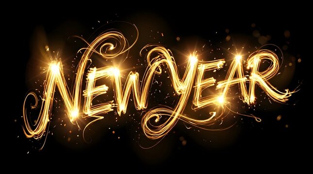 Bright golden new year text illustration with sparkling light effects on black background