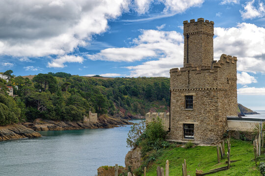 Dartmouth and Kingswear Castles on either side of the mouth of The River Dart in Devon England UK 