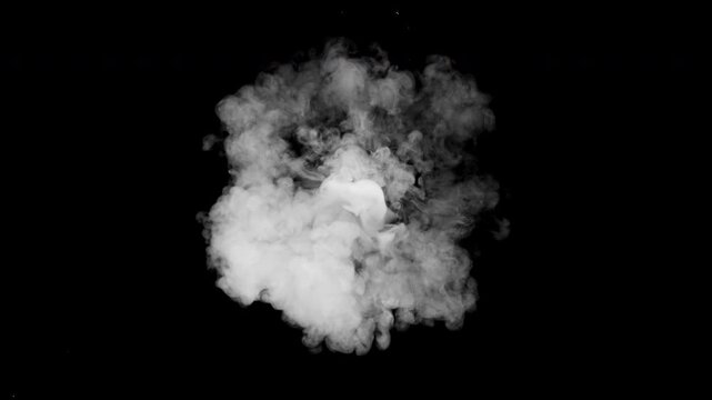An isolated puff of smoke expands and disperses against a black background, filmed at 1,000 frames per second. The detailed slow-motion movement makes it suitable as a smoke overlay for video composit