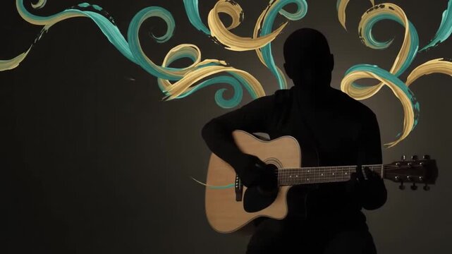 Silhouette of a person playing guitar with abstract artistic swirls