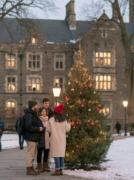 People Celebrating Christmas at Night Near Decorated Tree and Historic Building