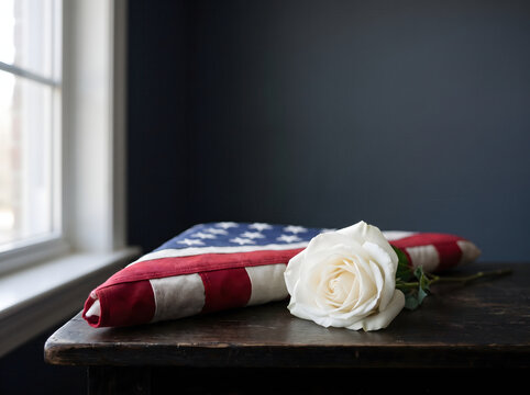 Patriotic memorial with folded American flag and white rose, somber veteran funeral tribute, military honor ceremony concept on dark background.