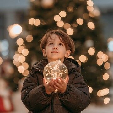 Boy Holding Illuminiated Glass Orb at Christmas Market