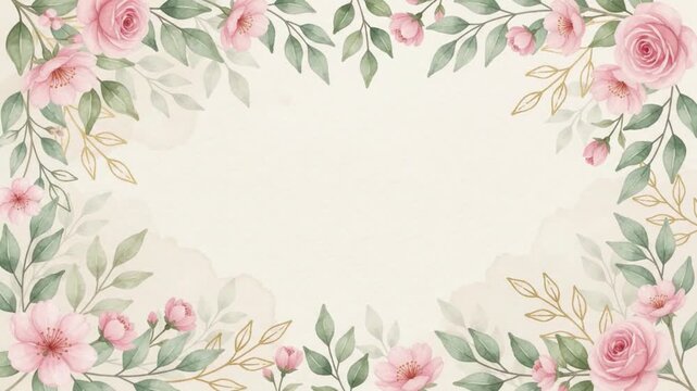Watercolor pink floral border and elegant flower frame gold leaves