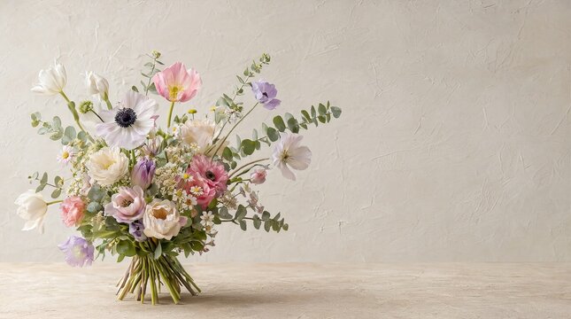 Stuning Bouquet of Spring Pastel Flower Elements with Soft Foliage on a Textured Neutral Wallpaper