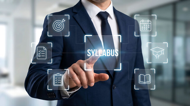 Businessman interacting with digital syllabus interface in a modern office