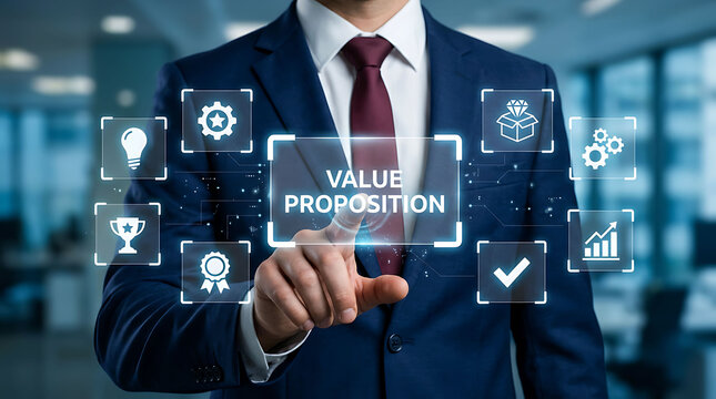 Businessman touching holographic value proposition interface in corporate office