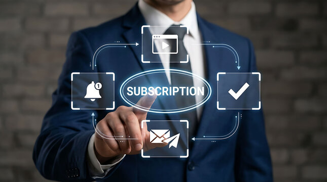 Businessman interacting with digital subscription interface and icons hologram