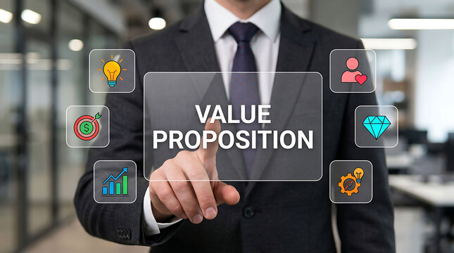 Businessman pointing at a digital interface showing the text value proposition