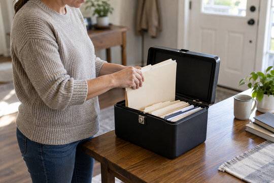 places blank personal document folders inside a closed portable
