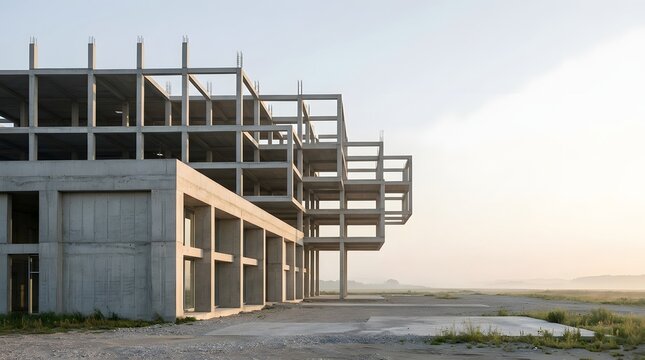 Incomplete Concrete Structure Under Construction at Sunset.