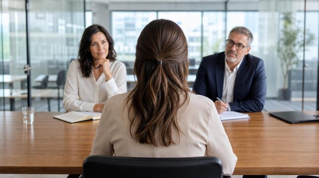 Rear view of a young professional woman seated at a conference table in a modern office, answering questions from two HR managers during a job interview - professional detailed commercial stock