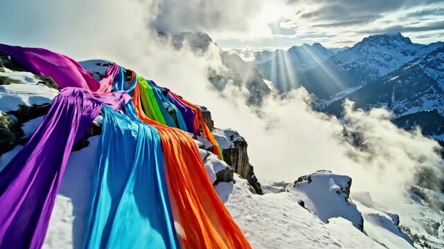Colorful rainbow fabric flowing down a snowy mountain slope.