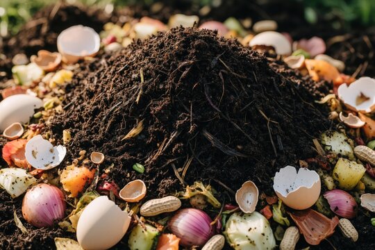 Close up of organic bio compost heap with decomposed food scraps, eggshells. Natural humus pile contains vegetable peels, kitchen waste for garden fertilizer. Sustainable zero waste recycling process