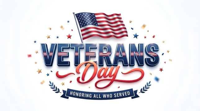 Honoring american heroes veterans day watercolor typography with waving united states flag