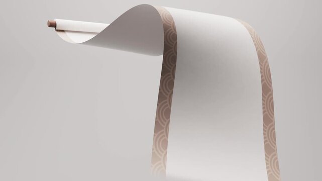 Paper scroll unrolling with decorative edges in slow motion against light background.