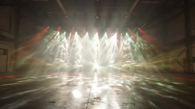 Stage Lights Beams Moving Through Fog and Smoke, Creating a Dynamic and Atmospheric Visual Effect. Intense Lighting Show with Vibrant Colors.