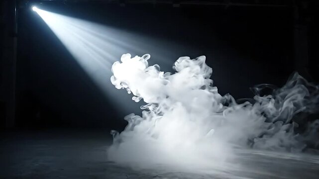 Smoke Swirling and Dissipating in a Spotlight Beam, Creating a Dynamic and Ethereal Visual Effect. Dramatic Lighting and Atmospheric Movement.